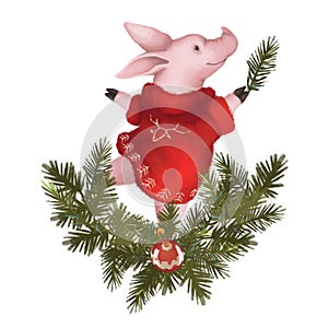 Christmas pig in a sweater, a symbol of the 2019 new year. Isolated on white background. With garland