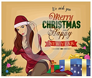 Christmas pin-up girl on white background.Vintage postcard. Vector illustration