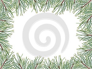 Christmas pine frame. Xmas tree branch with copy space for text. Spruce, Fir, evergreen plant. For postcard design, New Year cards