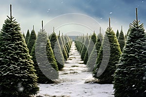 Christmas pine tree farm blanketed in white snow amidst lush fir trees in winter season. Snowy landscape of green pine tree farm