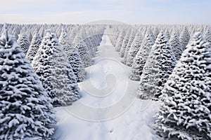 Christmas pine tree farm blanketed in white snow amidst lush fir trees in winter season. Snowy landscape of green pine tree farm