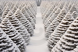 Christmas pine tree farm blanketed in white snow amidst lush fir trees in winter season. Snowy landscape of green pine tree farm