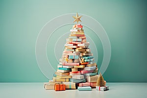 Christmas pine tree made of pile of books for Christmas books festivals or sales of bookstores.