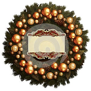 Christmas pine-tree wreath decoration with ornaments