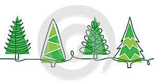 Christmas pine trees doodle border. One continuous line drawing. Simple vector green Christmas trees border