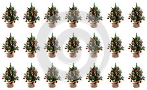 Christmas pine trees in pots wrapped in cloth and decorated with colorful balls, cones, red berries. Website background. Isolated