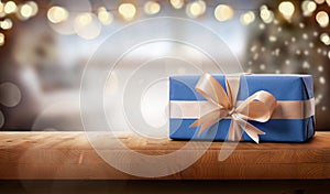 A Christmas pine wood tabletop product display with a blue present on the right