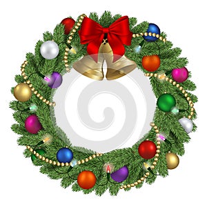 Christmas pine wreath with red bow, colorful balls, gold bells and lights