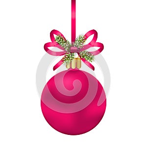 Christmas Pink Ball with Bow Ribbon and Fir Twigs