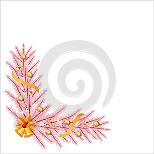 Christmas pink corner with golden balls and pink leaves. Xmas corner with snowflakes, golden ribbon. Christmas pink corner,