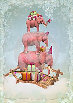 Christmas pink elephants in the sky with gifts