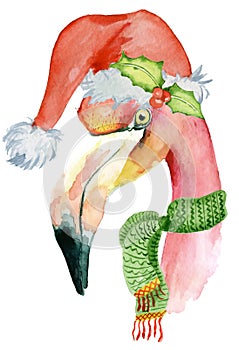 Christmas pink flamingo with winter decorations Santa hat and green scarf