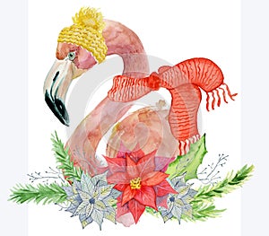 Christmas pink flamingo with winter decorations yellow hat and red scarf