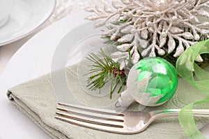 Christmas Place Setting on Table with Vintage Ornament and Copyspace