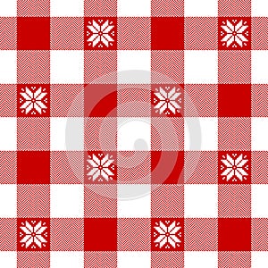 Christmas plaid pattern with nordic snowflakes in red and white for tablecloth, blanket, duvet cover, scarf, flannel shirt.
