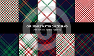 Christmas plaid pattern set for winter holidays. Seamless tartan vector check in red, green, navy blue, yellow, white for flannel.