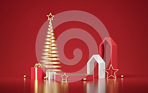 Christmas podium for branding and packaging presentation. Product display with gift boxes, gold christmas tree and stars