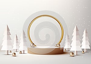 Christmas Podium Decoration with Gold Circle Backdrop and Pine Tree for Product Display