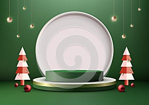 Christmas Podium Product Display Mockup in White and Green with Shiny Balls, Pine Tree