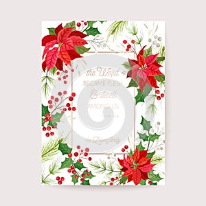 Christmas Poinsettia Flower Card, Vector Party invitation template, Season decoration, holly leaves and berries
