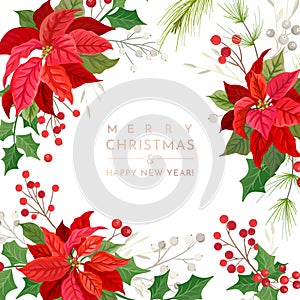 Christmas Poinsettia Flower Card, Vector Party invitation template, Season decoration, holly leaves and berries