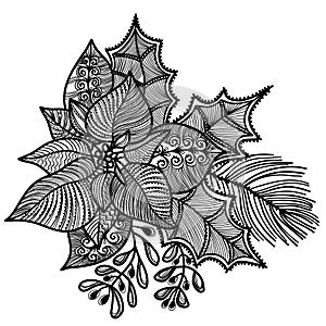 Christmas poinsettia flower with xmas omela. Vector hand drawn line art illustration decorative elements isolated on white backgro