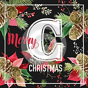 Christmas Poinsettia Flowers Graphic Design - Vintage Winter Background