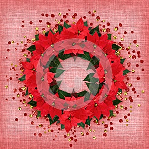 Christmas poinsettia flowers wreath with confetti