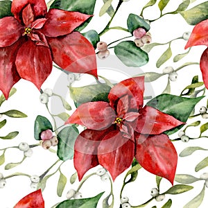 Christmas poinsettia with green omela traditional christmas seamless pattern. Botanical winter background on white background for