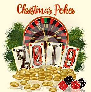 Christmas Poker card with golden coins, New 2019 year. vector