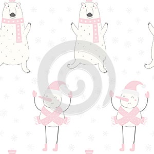 Christmas polar bear, snowman seamless pattern