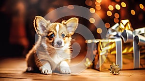 Christmas portrait of a cute Welsh Corgi looking at the camera, a fluffy kind cute pet surrounded by New Year\'s gifts, bokeh