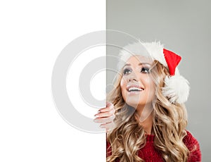 Christmas Portrait of Pretty Model Woman with White Paper