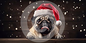 Christmas portrait of pug dog wearing Santa Claus hat, festive banner