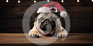 Christmas portrait of pug dog wearing Santa Claus hat, festive banner