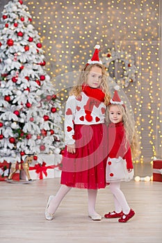 Christmas portrait of two beautyful cute girls Smiling sisters friends and xmas luxury green white tree in unique interior studio