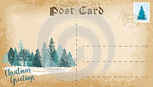 Christmas post card with conifer forest and copy space for text. Vector