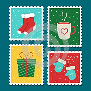 Christmas postage stamp set. Vector cartoon illustration in postmark template. Winter theme collection. Christmas socks, mittens,