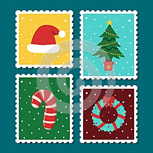 Christmas postage stamp set. Vector cartoon illustration in postmark template. Winter theme collection. Christmas tree, hat,