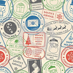 Christmas postal pattern. Santa Claus postmark cachet, winter holiday postage card stamp and north pole mail stamps