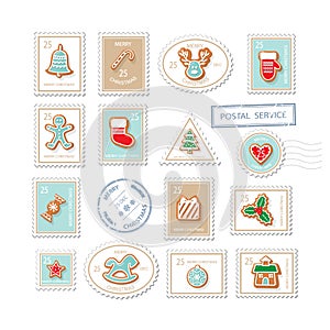 Christmas postal stamps set isolated on white. Vector illustration