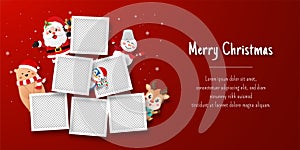 Christmas postcard banner of Santa Claus and reindeer with blank photo frame