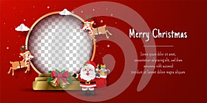 Christmas postcard banner of Santa Claus and reindeer with blank snow globe