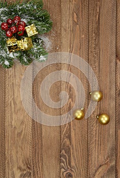 Christmas postcard with brown wooden background