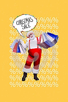 Christmas postcard collage of funny santa claus hold shopping bags buy prepare christmas presents on season market