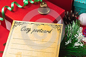 Christmas postcard with copy space, christmas red background, close frame with bell