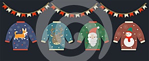 Christmas postcard with different cartoon ugly sweaters. Cute Christmas sweaters concept in flat style. Vector ugly sweater party