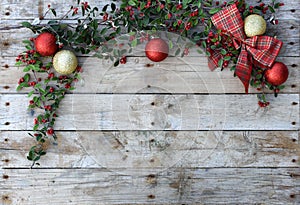 Christmas postcard frame, wood background for greeting card, red, golden and white Xmas wallpaper