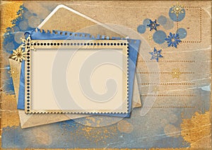 Christmas postcard with grunge card, snowflakes and place for congratulations. Ð¡olor royal blue with gold