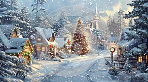 Christmas postcard with houses and snowy trees near road